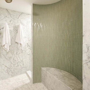 Elegant Bath Remodel Uses Marble and Glass by Michael Nash Design, Build & Homes