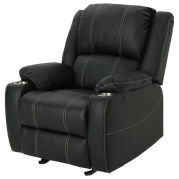 GDF Studio Sophia Traditional Leather Recliner With Steel Cup Holders, Black