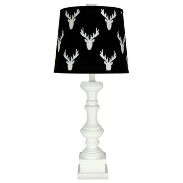 White Spindle Table Lamp with Moose Themed Lamp Shade