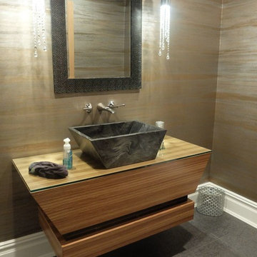 Custom Floating Steel Reinforced Tiger Wood Vanity With Handmade Marble Sink