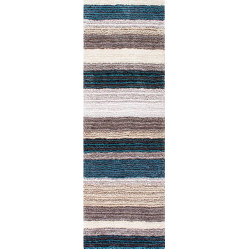 nuLOOM Hand Tufted Classie Shag Striped Area Rug, Blue, Multi 2'6"x14' Runner