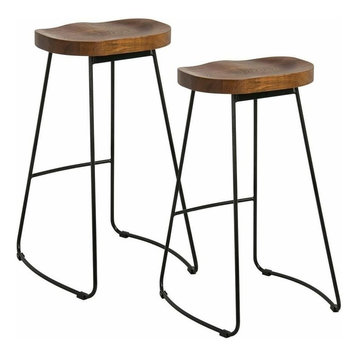 Rustic Set of 2 Pub Bar Stools With Black Finished Frame and Solid Wood Seat