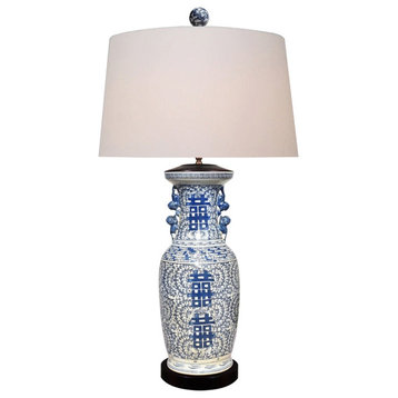 Blue and White Porcelain Double Happiness Table Lamp, 41"
