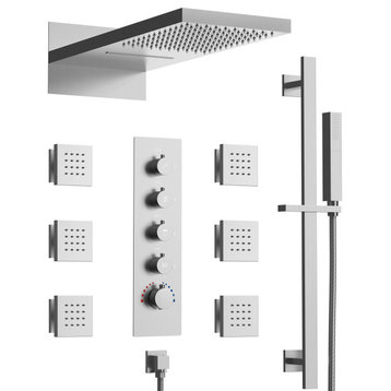 Thermostatic Shower System Wall Mounted Shower Set With Mixer Valve, Brushed Nickel, 22 Inches, Slide Bar