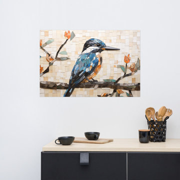 Bird Art: A Kingfisher Wood Block Mosaic Tile