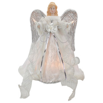 12" Lighted Silver and White Angel With Wings Christmas Tree Topper