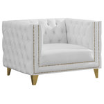 Meridian Furniture - Michelle Fabric Upholstered Chair, Gold Iron Legs, White, Vegan Leather, Chair - Upholstered in soft white vegan leather, this Michelle chair is sumptuously glamorous. Designed for upscale living, this chair features rich gold nail head trim and gold iron legs that keep it grounded in contemporary beauty. Tufted material covers every inch of this unit, and button tufting ensures that the unit stays plump and comfortable and holds up well to continual use. Pair it with other items in the collection for a cohesive look.