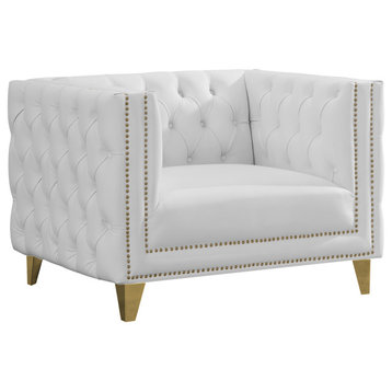 Michelle Fabric Upholstered Chair, Gold Iron Legs, White, Vegan Leather, Chair