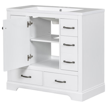 TATEUS 36" White Bathroom Vanity with Six Drawers and Ceramic Sink