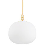 Hudson Valley - Ingels 1-Light Pendant, Aged Brass - Ingels' elliptical-shaped opal matte glass shade is a refreshing update on a traditional globe. The intricate, buckle-like detail connecting the shade and stem adds a fashionable element to this stand-out pendant. Versatile and usable, Ingels is available in three sizes and two classic finishes.