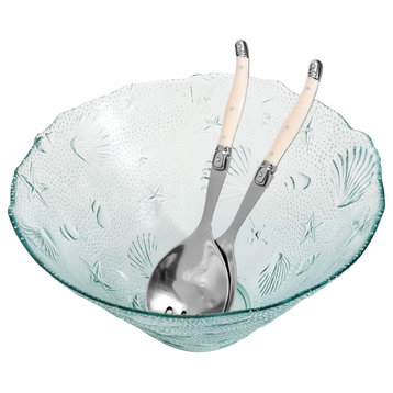 French Home Recycled Glass 12"W x 6"H, Coastal Salad Bowl and Laguiole Servers