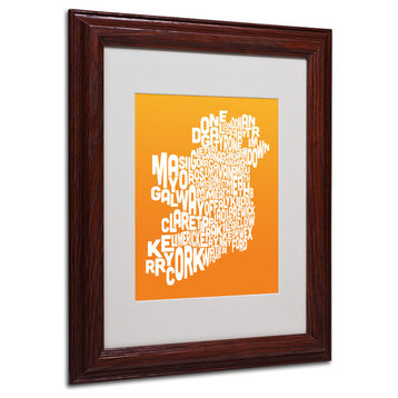 'Ireland Text Map - Orange' Matted Framed Canvas Art by Michael Tompsett