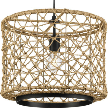 Chandra Collection One-Light Matte Black Global Pendant With Woven Shade