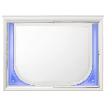 Pemberly Row Rectangular Wooden Frame Mirror with LED in Pearl White
