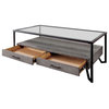 Industrial Coffee Table, Metal Frame With 2 Drawers & Glass Top, Gray/Black