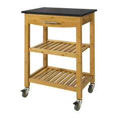 Modern Stylish Trolley Cart, Natural Bamboo Wood With Drawer and Granite Top