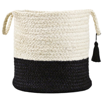 Two-Tone Off-White Jute Decorative Basket With Handles, Black, 19"