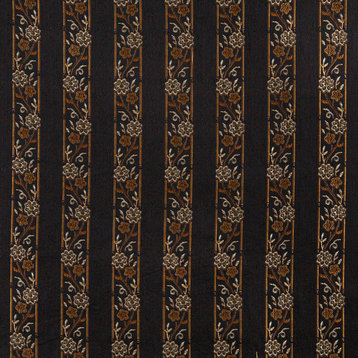 Midnight Gold And Ivory Striped Floral Brocade Upholstery Fabric By The Yard