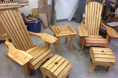 Adirondack Chairs, Foot Stools, and Table