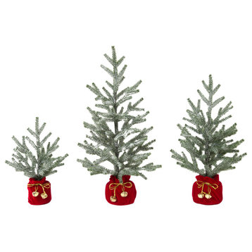 Set of 3, Pine Trees With Fabric Base and Bells