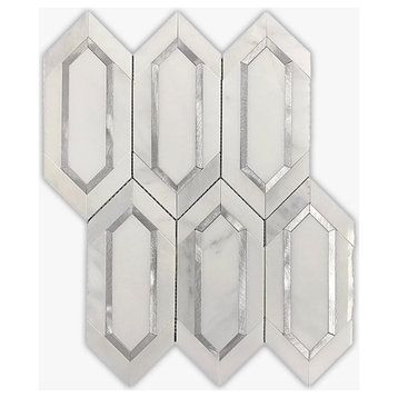 Asian Statuary and Silver Steel Polished Long Hexagon Marble Mosaic