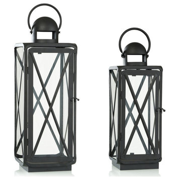 Stainless Steel and Glass Lanterns Set of 2 Matte Black Finish