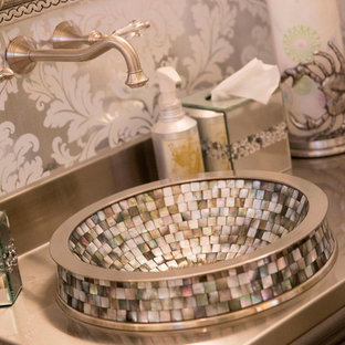 Bathroom - large traditional 3/4 marble floor bathroom idea in Tampa with beaded inset cabinets, a two-piece toilet, gray walls, a vessel sink, gray cabinets and stainless steel countertops