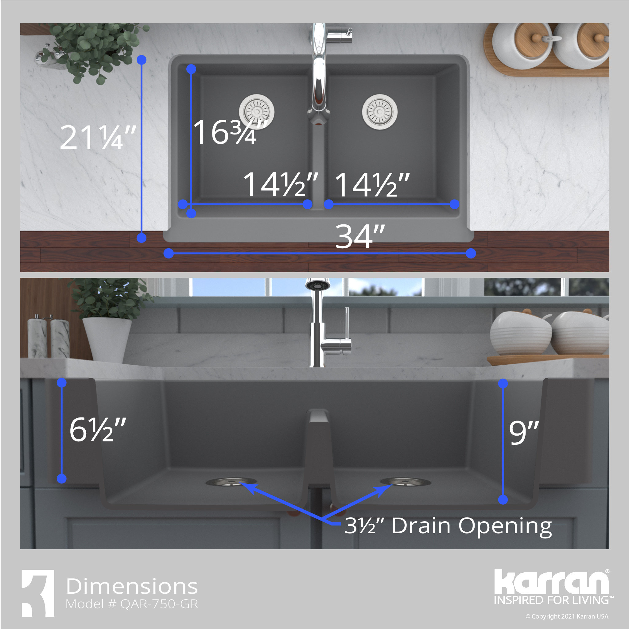 Karran Retrofit Farmhouse Quartz 34" Double Bowl Sink, Grey