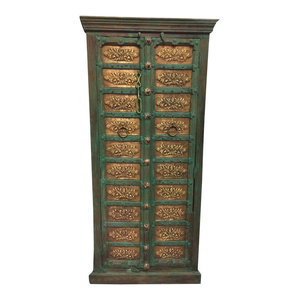 Mogul Interior - Consigned Antique Armoire Brass Carved Green Patina Storage Eclectic Cabinet - Armoires And Wardrobes