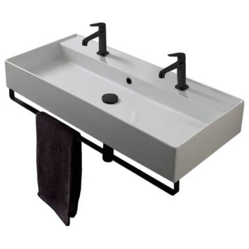 Wall Mounted Double Ceramic Sink With Matte Black Towel Bar, Two Hole