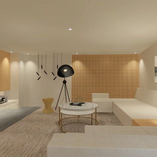 Inspiration pour une petite salle de cinéma minimaliste fermée avec un mur blanc, un sol en carrelage de porcelaine, un téléviseur encastré et un sol gris.