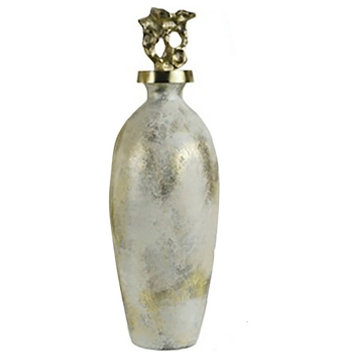 Glass, 23" Metal Vase Tribal Topper, White/Gold
