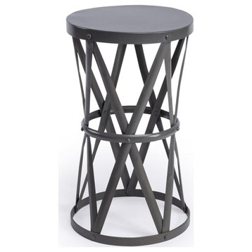 Modern Industrial End Table, Hourglass Shaped Geometric Base & Round Top, Gray