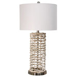StyleCraft - Aasha Water Hyacinth Table Lamp White Washed Finish White Fabric Shade - A standard form with unparalleled detailing, this table lamp offers a bold accent for an end table, mantle or buffet. The metal body features whitewashed hyacinth branches that create its cylindrical form, matched by the drum shape of the white linen shade. A chrome finish dusts the metal body and accenting finial, giving the extraordinary body a sleek shimmer.
