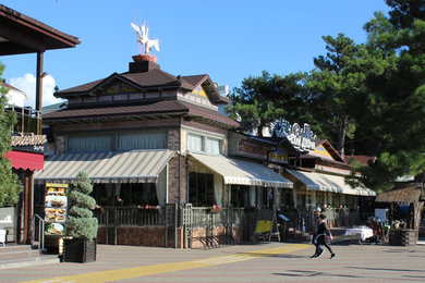 На фото: дом в стиле кантри с комбинированной облицовкой, вальмовой крышей и крышей из гибкой черепицы