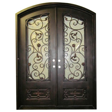 Pietro Iron Door With Eyebrow Top, Sandblast Glass, Right Hand In-Swing, 72"x96"
