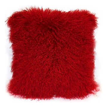 Genuine Mongolian Sheepskin Throw Pillow with Insert (16+ Colors), Bright Red