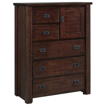 Unique Dresser, 5 Storage Drawers & Cabinet With Adjustable Shelf, Brown Finish