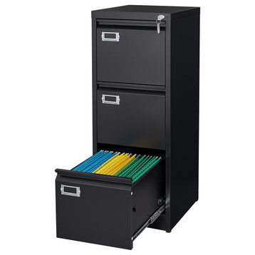 Small Metal Filing Cabinet, Lockable Storage Cabinet, Black, 3 Drawers