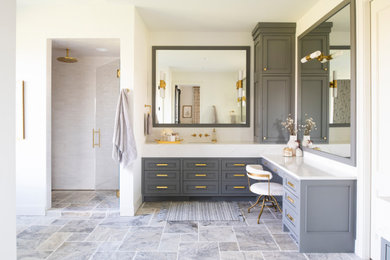 Bathroom - transitional gray floor and single-sink bathroom idea in Minneapolis with recessed-panel cabinets, gray cabinets, white walls, an undermount sink, white countertops and a built-in vanity