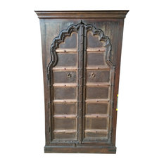 Consigned Antique Armoire Arch Door Hand Carved Solid Wood Cabinet Storage
