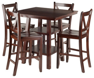 Winsome Wood Orlando 5-Piece Set High Table 2-Shelf With 4 V-Back Counter Stools