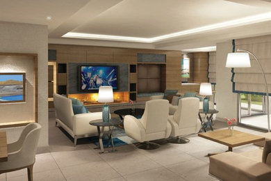 Inspiration for a mid-sized coastal open concept porcelain tile and beige floor family room remodel in Other with gray walls, a standard fireplace, a wood fireplace surround and a wall-mounted tv