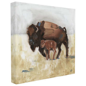 Buffalo Family Tundra Landscape Brown Animal Painting, 30"x30", Canvas Art
