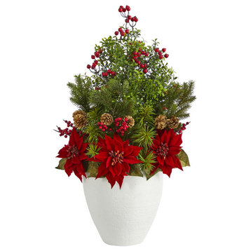 32" Poinsettia, Boxwood and Succulent Artificial Arrangement, White Vase