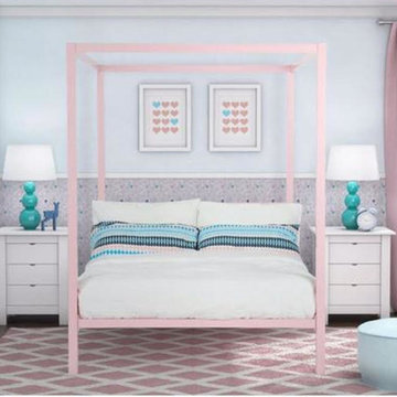 Twin size Metal Platform Canopy Bed Frame in Pink