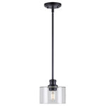Forte Lighting, Inc. - 1-Light Mini Pendant, Black - The Zane black steel stem hung pendant comes with an oversized clear glass shade. The canopy swivel allows for installation on sloped ceilings. This series is offered in either black or gold finish. Add an Edison style bulb for a more transitional look or an 'A' type LED for a more contemporary feel. This 1-light pendant measures 7 in. L x 7 in. W x 6.25 in. H.. Medium Base Bulb, 75W max per bulb. This fixture is hardwired.  Bulbs are not included with the fixture.