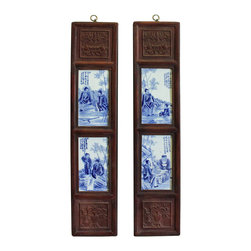 Chinese Vintage Pair Blue White Porcelain Wood Wall Panels Art - Home Decor