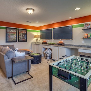 Inspiration for a classic basement in Jacksonville with orange walls, carpet and beige floors.