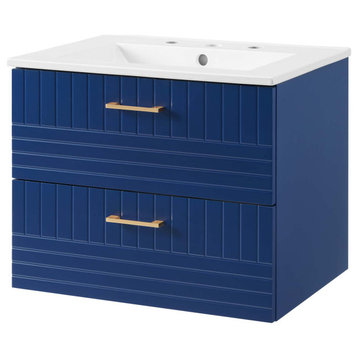 Sink Vanity Cabinet, Blue White, Ceramic, Wood, Modern, Hotel Bathroom Guest